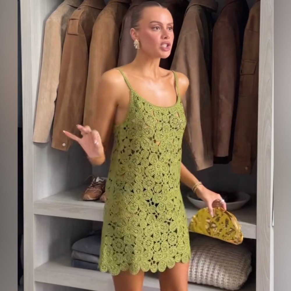 H&M OLIVE GREEN CROCHET-LOOK MINI DRESS - Picture 8 of 9